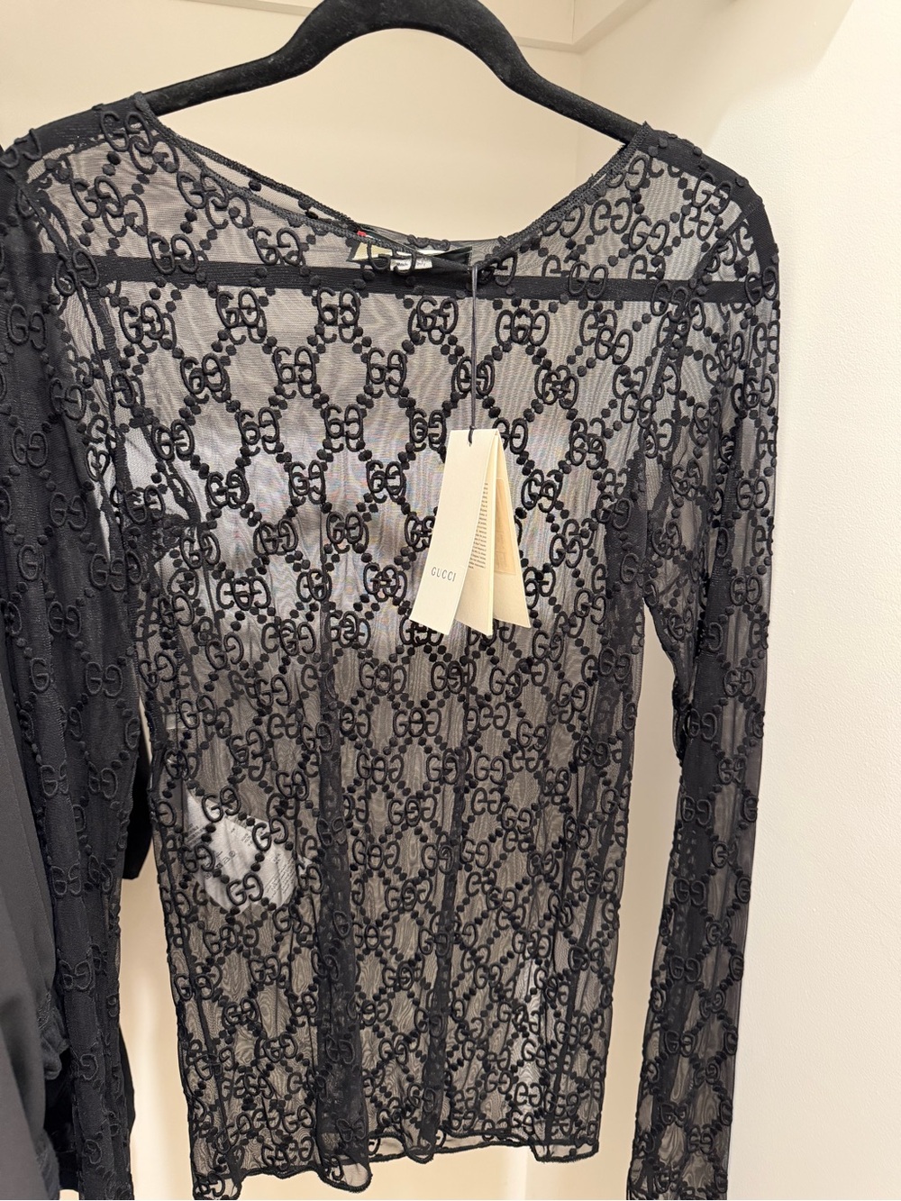 Gucci Black Sheer GG Lace Long-Sleeve Top